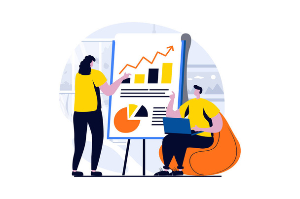 Strategic planning concept with people scene in flat cartoon design. Man and woman discussing work task, brainstorming, business development and data analysis. Illustration visual story for web - Zdjęcie, obraz