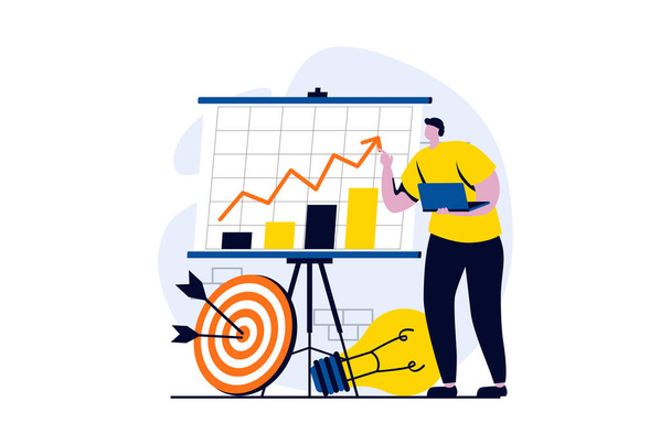 Strategic planning concept with people scene in flat cartoon design. Man analysis data on charts, brainstorming, business development and clients targeting. Illustration visual story for web - Zdjęcie, obraz