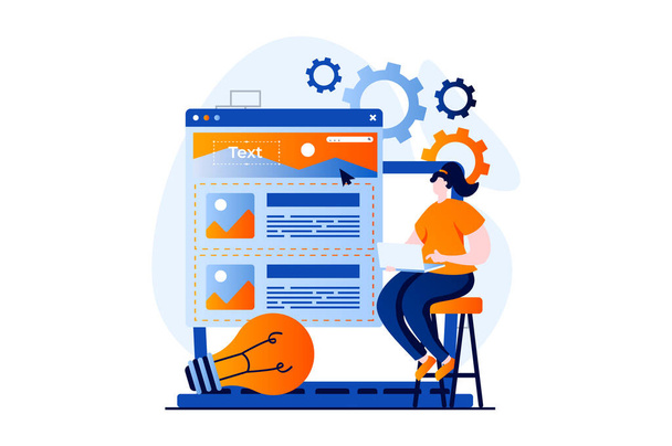 Ui ux design concept with people scene in flat cartoon design. Woman designer creates user interface, working with layout using laptop, generating new ideas. Illustration visual story for web - Fotó, kép