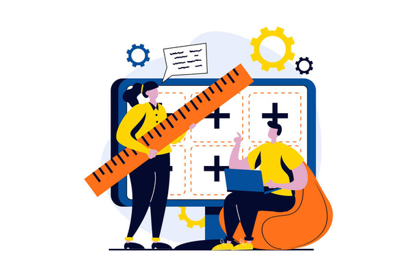 Web development concept with people scene in flat cartoon design. Woman and man designers create layouts, programming and testing code, working in team. Illustration visual story for web - 写真・画像