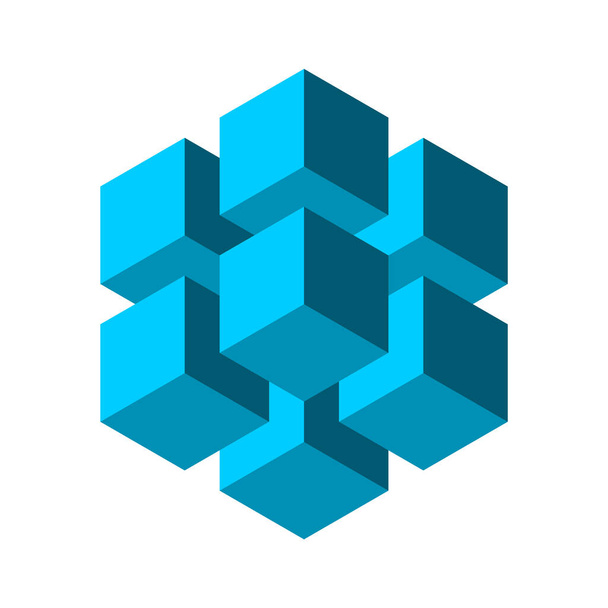 Blue cubes floating in the air. Block chain technology. Cloud data storage concept. Big square made of 8 small boxes. Geometric hexagon. Abstract cryptocurrency icon. Vector illustration, clip art.  - Vetor, Imagem