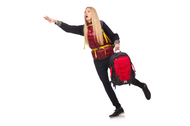 Молода студентка з рюкзаком ізольована на білому
 - Фото, зображення