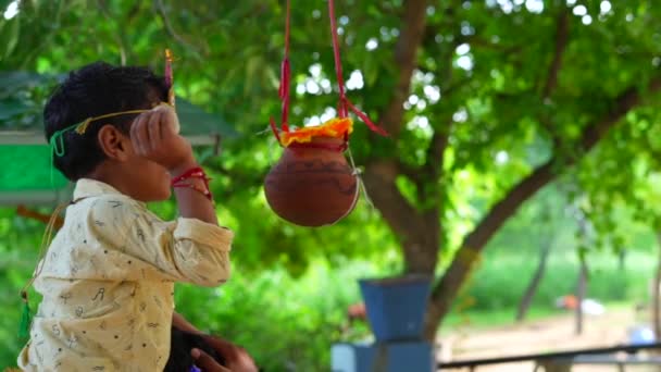Dahi handi festival, Indian little boy perform as krishna and break Dahi handi. - Felvétel, videó