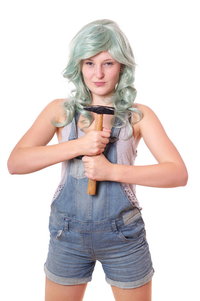 young woman with hammer - Φωτογραφία, εικόνα