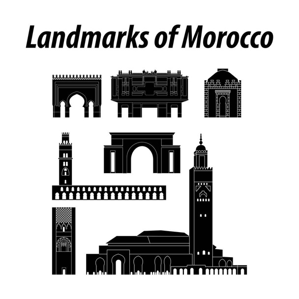 Bundle of morocco famous landmarks by silhouette style - Vector, afbeelding