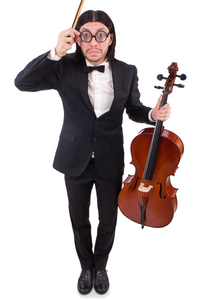 Hombre divertido con instrumento de música en blanco - Foto, imagen