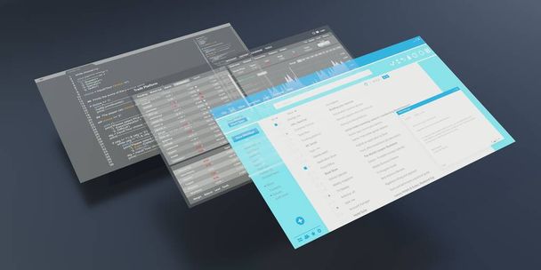 Email interface, trade platform and computer code. PC  screen templates. 3d render - Valokuva, kuva