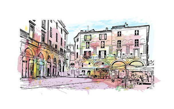 Print Building view with landmark Novara is the city in Italy. Watercolor splash with hand drawn sketch illustration in vector. - Vektör, Görsel