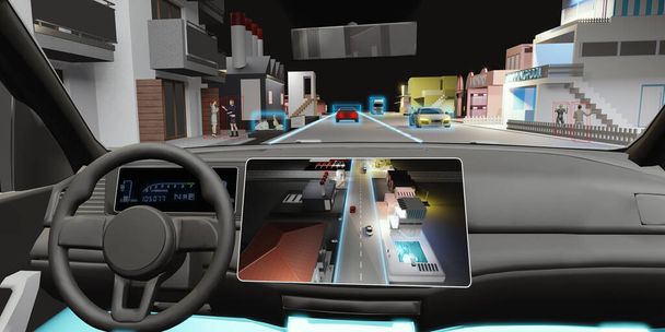 Auto Pilot car driverless object detection sensor digital speedometer autonomous car self-driving vehicle  UGV Advanced driver assistant system  3d illustration - Fotoğraf, Görsel