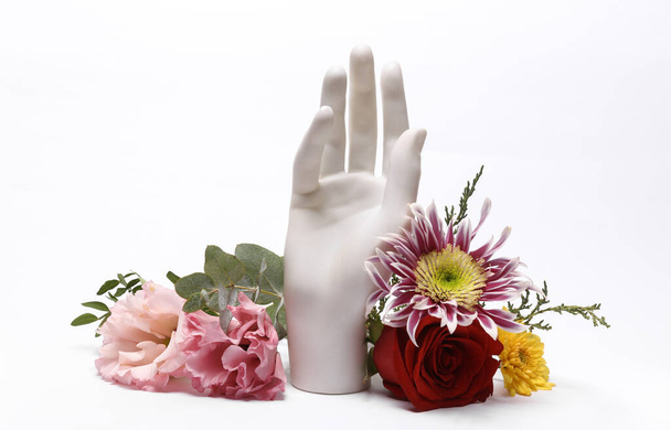 Hand stand with many flowers isolated on white background. Beautiful aesthetic still life - Photo, image