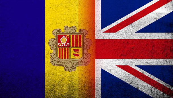 National flag of United Kingdom (Great Britain) Union Jack with Andorra national flag. Grunge background - Foto, afbeelding