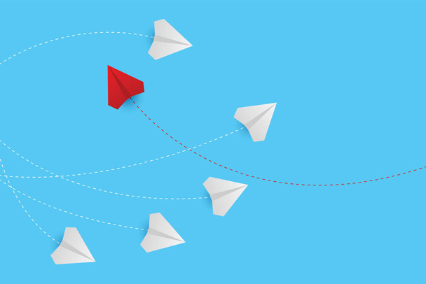 Творческие бумажные самолеты на синем фоне. Думай иначе. Красный самолет меняет направление. Новая идея, изменение, тренд, смелость, творческое решение, инновация и уникальная концепция. - Вектор,изображение