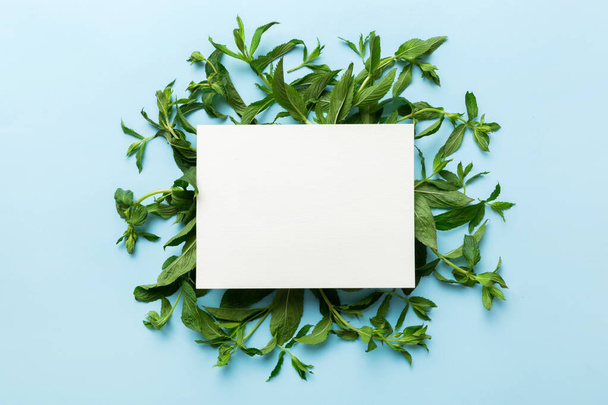 Wreath frame made of empty paper blank with space for text and mint leaves on colored background. . Mint Pattern. Flat lay. Top view. - Photo, Image