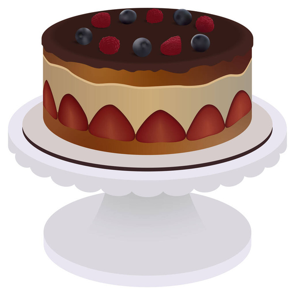 Sponge cream cake with strawberries, raspberries and blueberries on a stand plate - Vector, Imagen