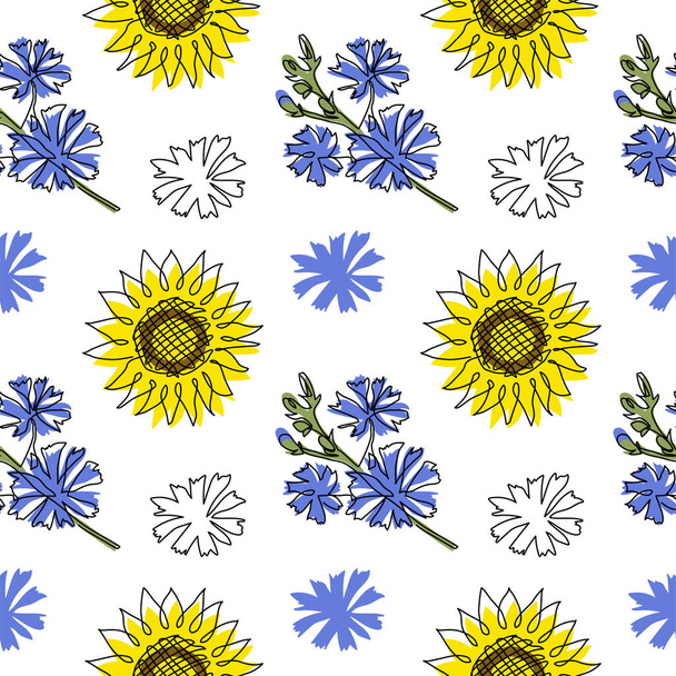 Blue and yellow ua vector pattern with flowers. One continuous line art drawing pattern with sunflower and chicory. - Vetor, Imagem