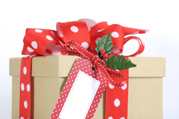 Festive holiday Kraft paper gift box with red polka dot ribbon - Photo, Image