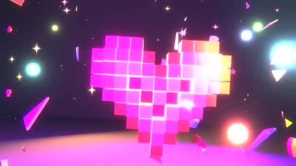 Looped pumping neon voxel heart with various geometric objects and glowing sparkles animation - Imágenes, Vídeo