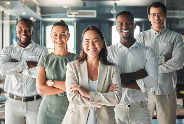 Portrait of team, posing in the office in a business meeting and smiling. Professional ceo, management and employees showing good teamwork with diverse, young and multiracial workers - Photo, Image