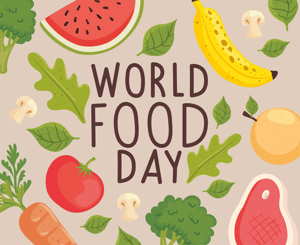 world food day postcard with fuits - Vetor, Imagem