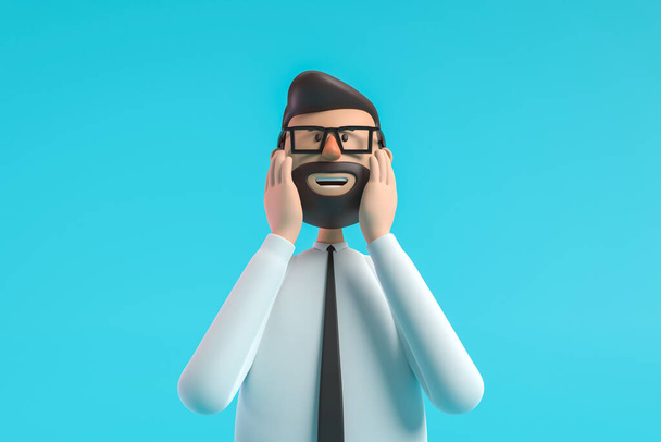 Amazed and shocked expression of a boy over cyan background.3d illustration - Foto, Imagen