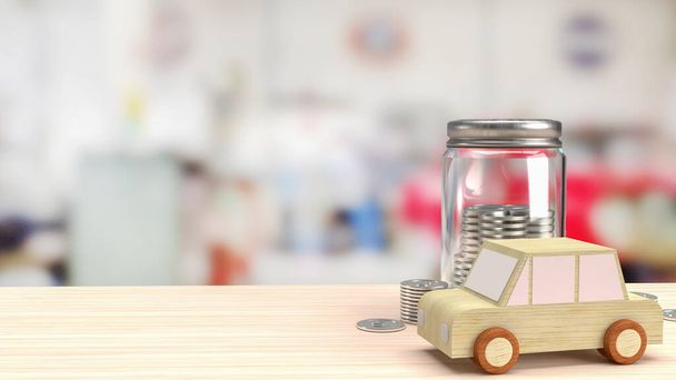 car wood toy and jar coins for saving concept 3d rendering - Photo, Image
