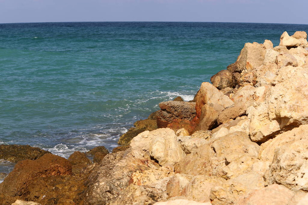 Large stones on the shore of the Mediterranean Sea  - Fotoğraf, Görsel
