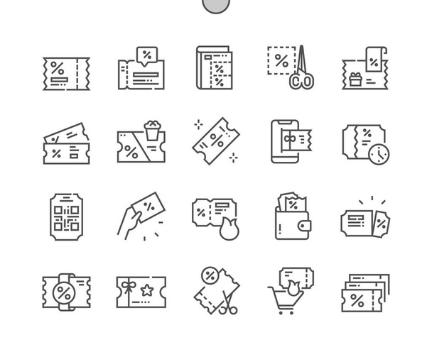 Discount coupon and voucher. Gift, loyalty card. Shopping voucher reward bonus. Pixel Perfect Vector Thin Line Icons. Simple Minimal Pictogram - ベクター画像