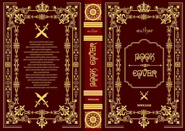 Ornate leather book cover and Old retro ornament frames. Royal Golden style design. Vintage Border to be printed on the covers of books. Vector illustration - Vektör, Görsel