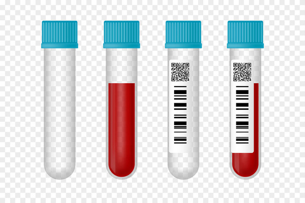 Set of empty tubes and blood sample tubes with bar code and qr code isolated on transparent background. Vector realistic illustration. Design for medical banner, flyer, card, infographic - Vecteur, image
