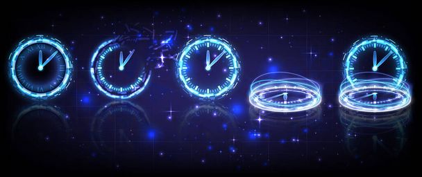 Time machine, fade, timer and deadline. Sci-fi digital time collection in glowing HUD elements clock. Hologram portal of science futuristic technology. Magic warp gate in game fantasy. Teleport podium - Vettoriali, immagini