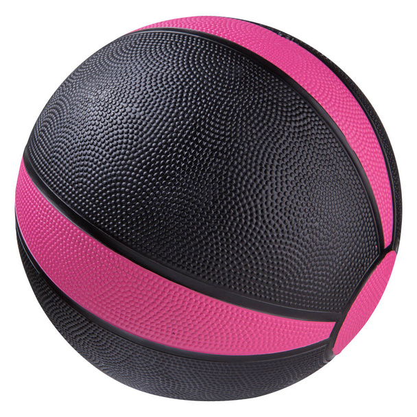 Black medicine ball with pink stripes, for crossfit and physiotherapy exercises, on a white background, isolate - Zdjęcie, obraz