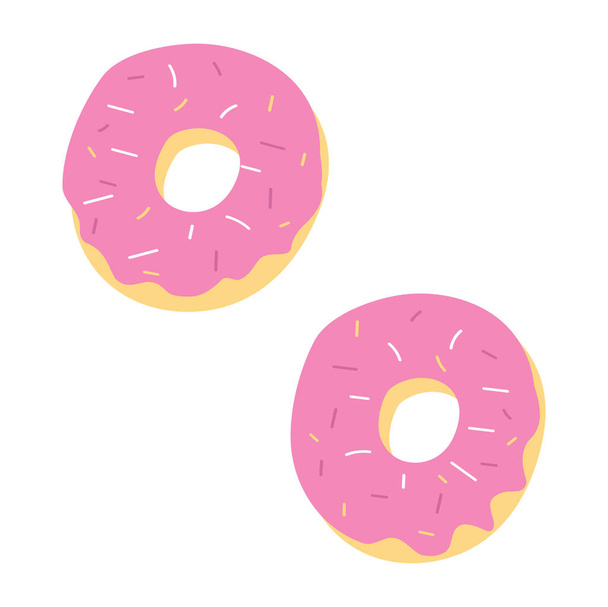 Delicious mouth-watering set of pink icing doughnuts with powder and sugar sprinkles isolated. A confection and the perfect dessert, tasty candy, pastry and bake for a sweet tooth. Vector illustration - Vektor, Bild