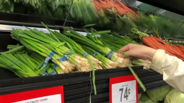 Woman selecting green onion in grocery store produce department with 4k resolution - Imágenes, Vídeo