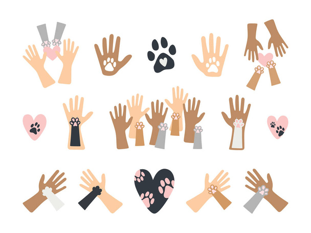 Set human hands and pet paws love illustrations. International Homeless Animals Day. Cute icons - pet paw, human hand, hear shape, etc. World pets day decorative elements - Vettoriali, immagini