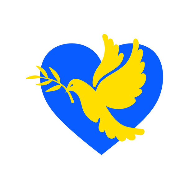 Support Ukraine. Yellow pigeon on blue heart, Ukrainian flag colors, dove of peace with olive branch. Russian Ukrainian military conflict symbol sign. Pray for Ukraine. - Vektor, Bild