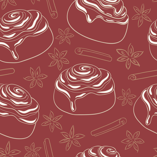 Seamless pattern with cinnamon rolls with frosting and spice. - Vector, Image