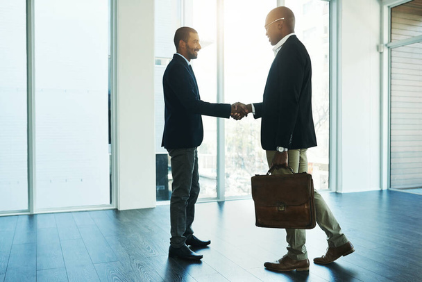 Lets work together to win together. two businessmen shaking hands in an office - Foto, afbeelding