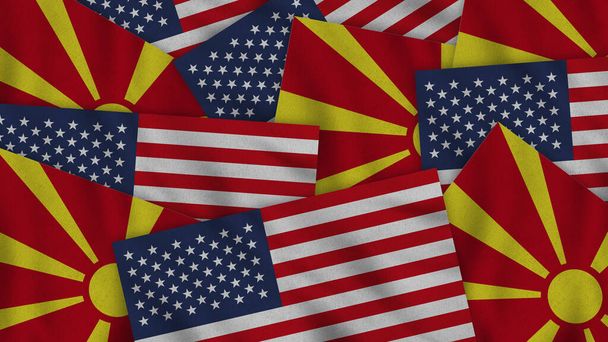 Macedonia and United States of America Realistic Texture Flags Together - 3D Illustration Together - Foto, Imagen