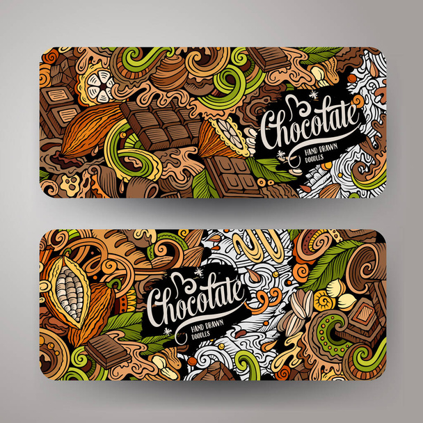 Cartoon vector doodle set of Chocolate banners templates. Corporate identity for the use on invitations, cards, apps, branding, flyers, greeting cards, postcards, web design. Funny colorful and line - Vector, Imagen
