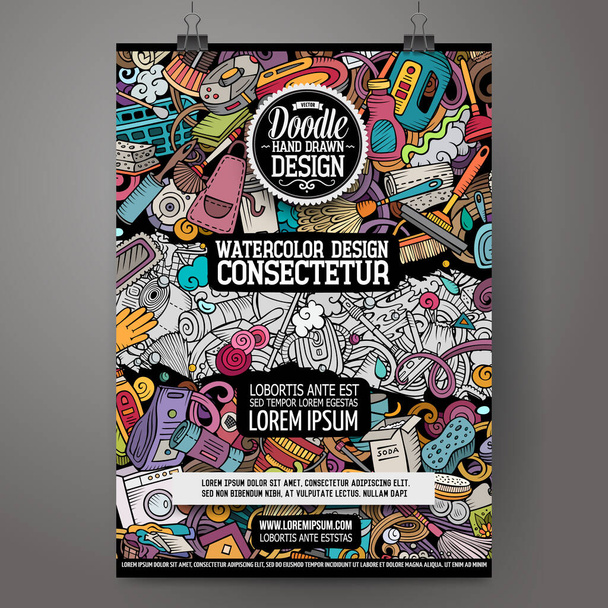 Cartoon vector doodle Cleaning poster template. Corporate identity for the use on invitations, placards, cards, presentations. Funny colorful and line art design - Vetor, Imagem