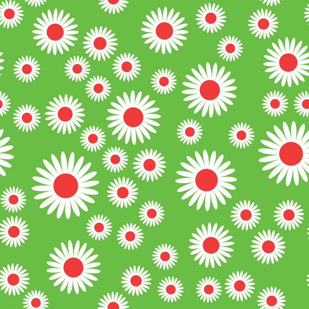 Simple flat flowers seamless pattern. Colorful blossom randomly placed on green background. Abstract stylized florets wrapping floral texture. Vector eps8 illustration. - Wektor, obraz