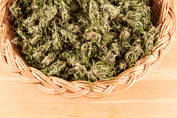 Великий конопель марихуани рослина деталь на дерев'яному столі
 - Фото, зображення