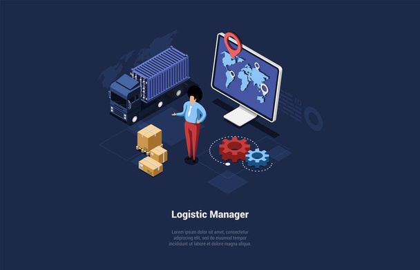 Concept Of World Logistics, Warehouse And Global Business. Logistic Manager Controls Timing Of Storage, Loading, Unloading Goods In Warehouse And Delivery On Time. Isometric 3D Vector Illustration. - Vector, Imagen