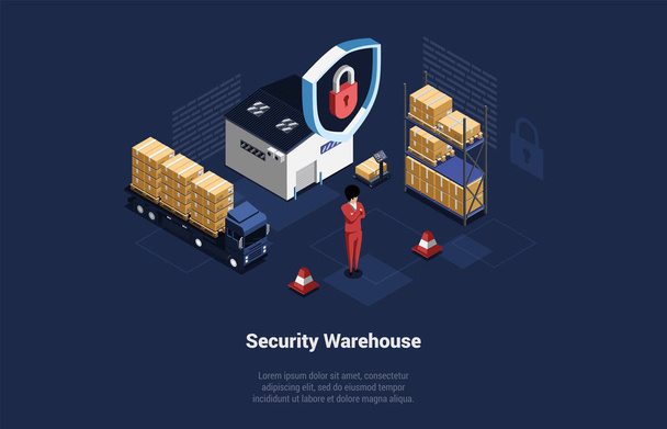 Concept Of Security Warehouse And Global Business. Security And Fire-Prevention Systems Controls Provide Safety, Reliable Service And Relationships With Customers. Isometric 3D Vector Illustration. - ベクター画像
