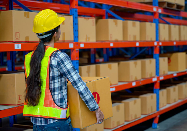 Back of warehouse worker woman hold the box and bring to shelves in workplace area. - 写真・画像