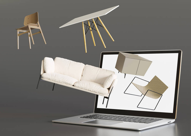 Laptop with flying furniture. Shopping online. Furniture shop, interior details. Furnishings sale or interior project concept. Buy sofa, table, chair, commode via internet. E-commerce. 3d rendering - Fotografie, Obrázek