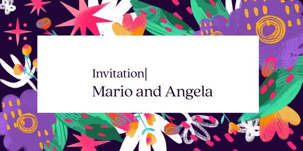 Decorative  template for invitation with abstract whimsical flowers in background. Wedding invitation - Valokuva, kuva