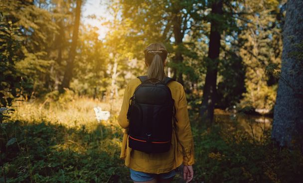 Woman tourist with backpack exploring forest. Back view. - Foto, imagen