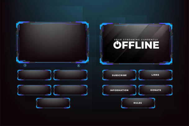 Live streaming screen panel decoration with blue and dark colors. Online gaming overlay with buttons. Abstract gaming overlay design with futuristic style and an offline screen. Digital gaming overlay - Vektör, Görsel