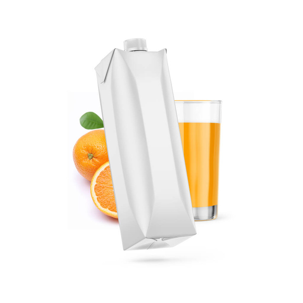 Orange Juice Carton Box Mockup With Glass and Fruits - Foto, Imagen